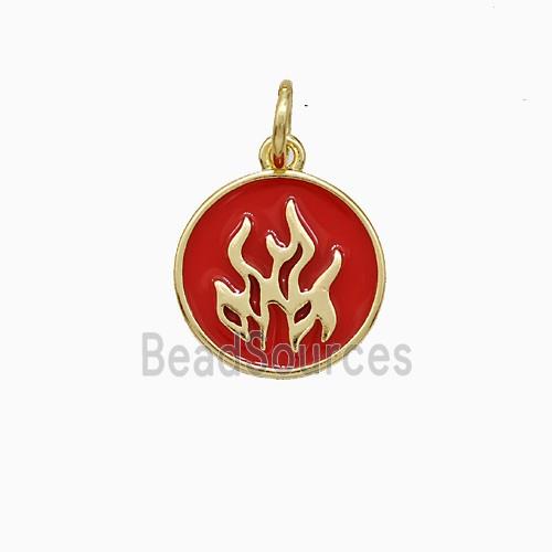 Fire Flame Charms Copper Pendant Red Enamel Circle Gold Plated