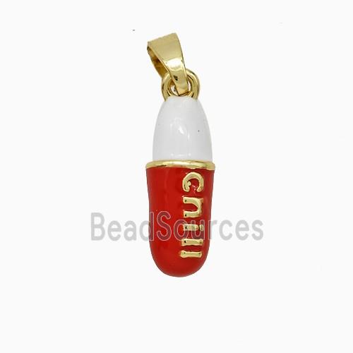 Pill Charms Copper Pendant Red Enamel Gold Plated