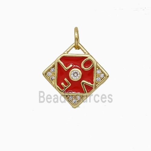 Copper LOVE Pendant Pave Zirconia Red Enamel Square Gold Plated