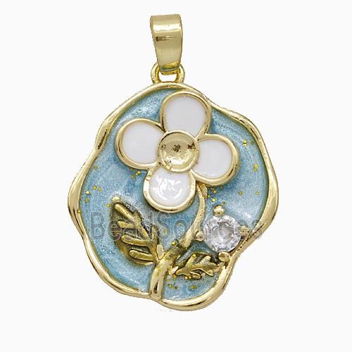 Copper Flower Pendant Pave Zirconia Blue Painted Gold Plated