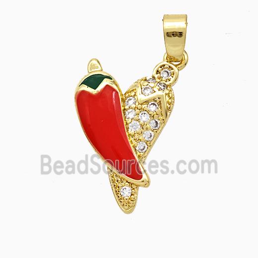 Copper Chili Pendant Pave Zirconia Red Enamel Gold Plated
