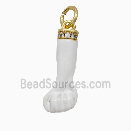 Copper Hand Pendant Pave Zirconia White Enamel Fist Gold Plated