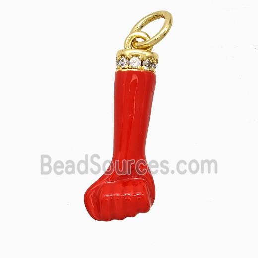 Copper Hand Pendant Pave Zirconia Red Enamel Fist Gold Plated