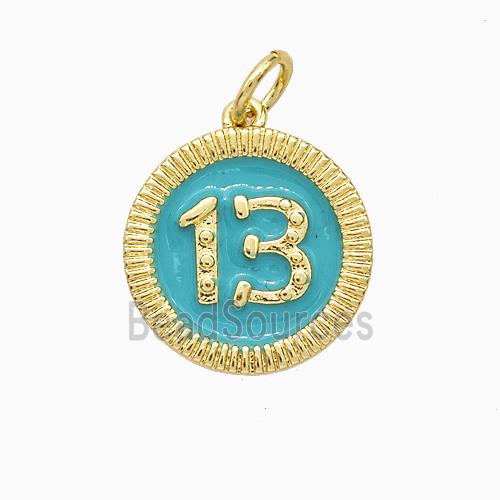 Lucky 13 Charms Copper Pendant Teal Enamel Gold Plated