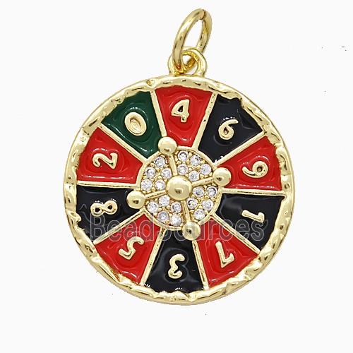 Roulette Charms Copper Pendant Pave Zirconia Black Red Enamel Gold Plated