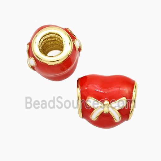 Copper Heart Beads Red Enamel Bowknot Large Hole Gold Plated