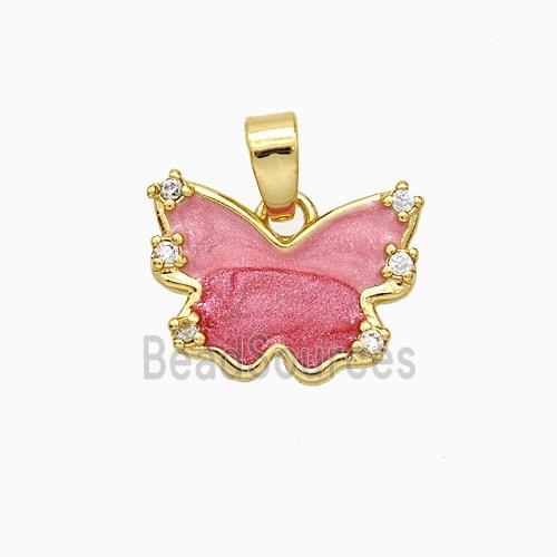Copper Butterfly Pendant Pave Zirconia Pink Painted Gold Plated