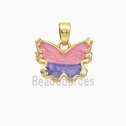 Copper Butterfly Pendant Pave Zirconia Pink Painted Gold Plated