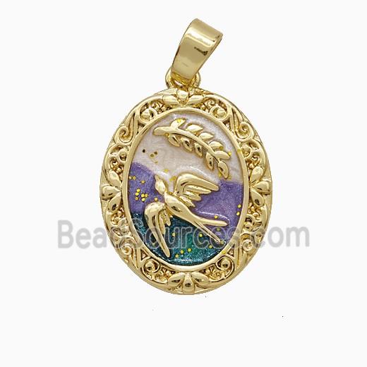 Copper Swallow Pendant Painted Leaf Oval Gold Plated