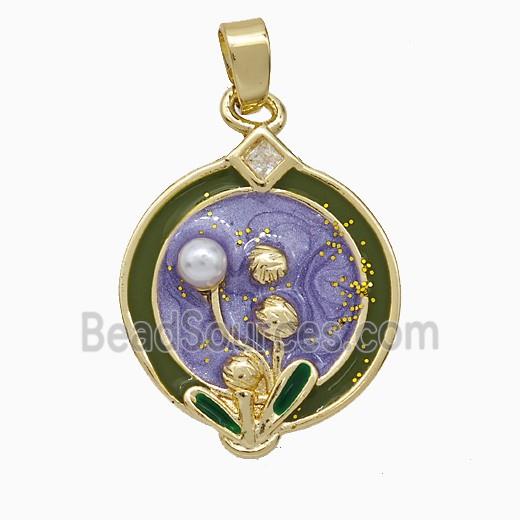 Copper Flower Pendant Pave Pearlized Resin Purple Painted Gold Plated