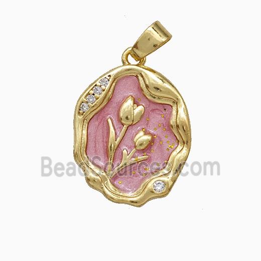 Copper Flower Pendant Pave Zirconia Pink Painted Gold Plated