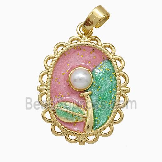 Copper Flower Pendant Pave Pearlized Resin Painted Gold Plated
