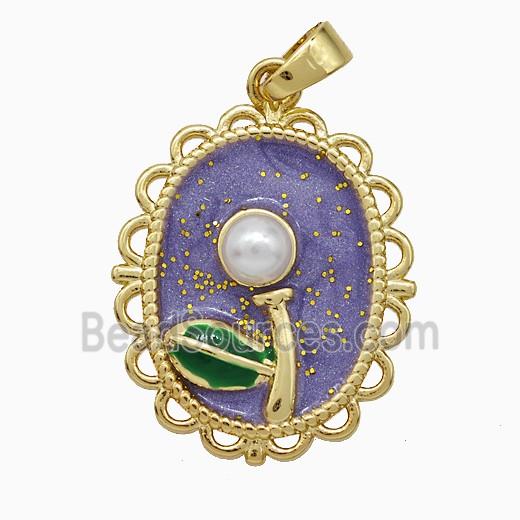 Copper Flower Pendant Pave Pearlized Resin Puprle Painted Gold Plated