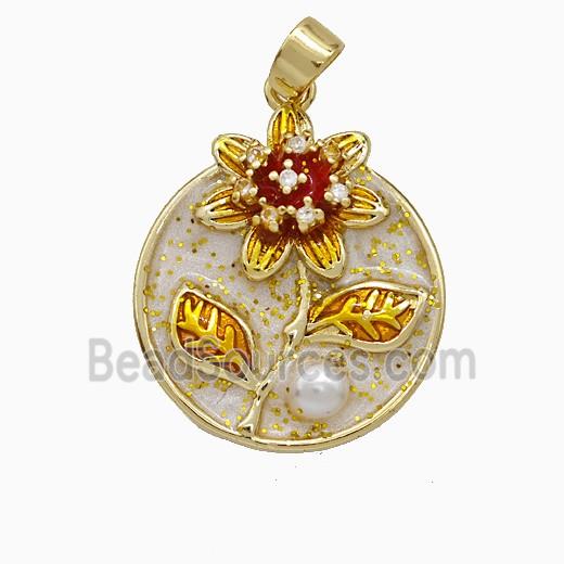 Copper Flower Pendant Pave Pearlized Resin White Painted Gold Plated