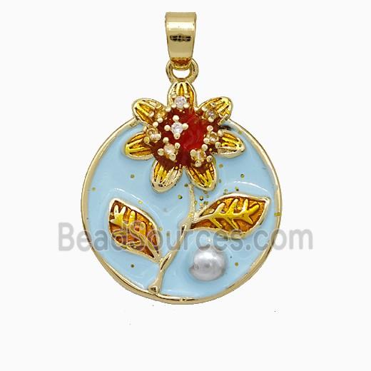 Copper Flower Pendant Pave Pearlized Resin Blue Painted Gold Plated
