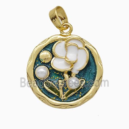 Copper Flower Pendant Pave Pearlized Resin Painted Gold Plated