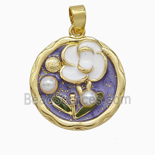 Copper Flower Pendant Pave Pearlized Resin Painted Gold Plated