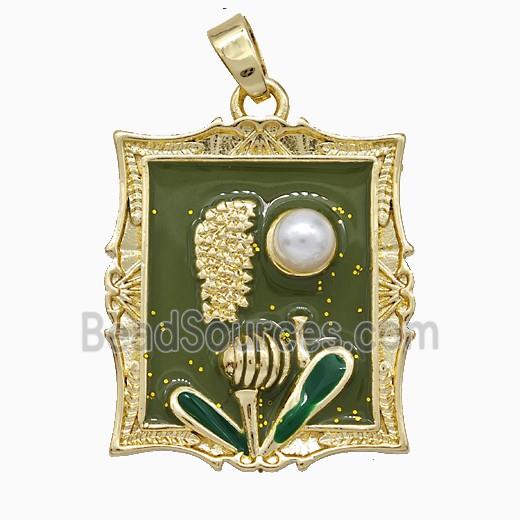 Copper Flower Pendant Pave Pearlized Resin Green Painted Gold Plated