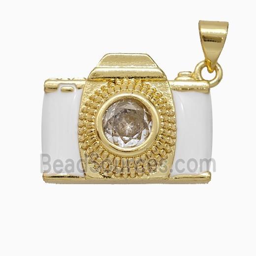 Copper Camera Pendant Pave Zirconia White Enamel Gold Plated