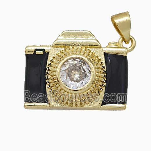 Copper Camera Pendant Pave Zirconia Black Enamel Gold Plated