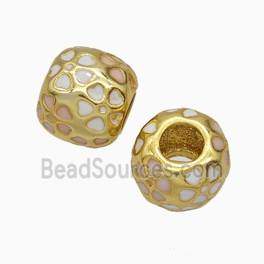 Copper Round Beads White Heart Enamel Large Hole Gold Plated