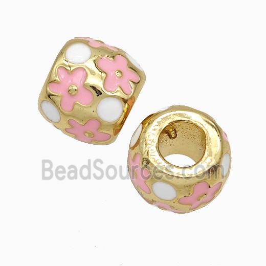 Copper Round Beads Pink Flower Enamel Large Hole Gold Plated