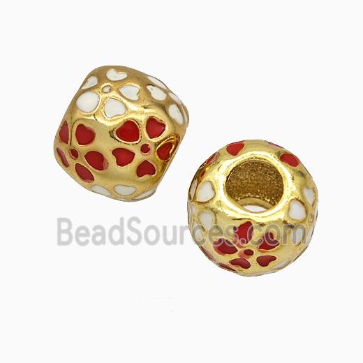 Copper Round Beads Red Flower Enamel Large Hole Gold Plated