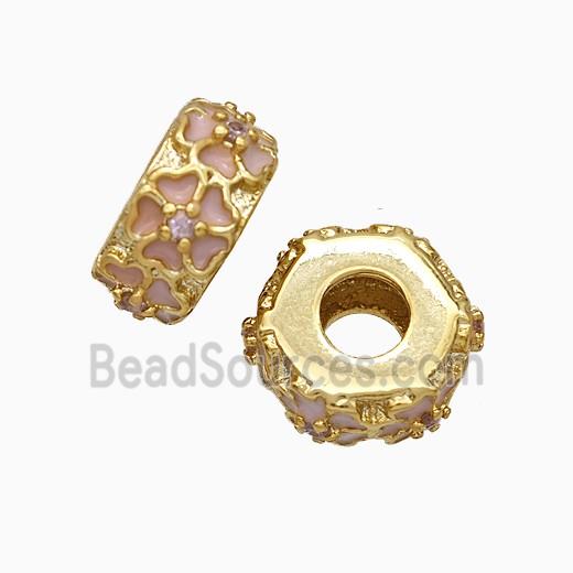 Copper Hexagon Beads Large Hole Enamel Pink Flower Gold Plated