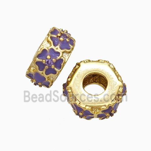 Copper Hexagon Beads Large Hole Enamel Purple Flower Gold Plated