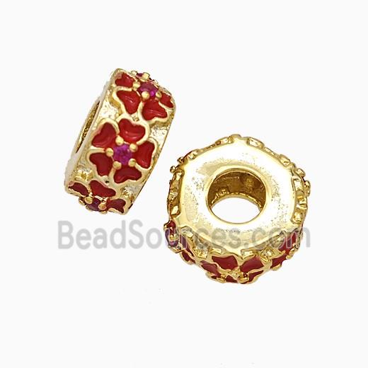 Copper Hexagon Beads Large Hole Red Enamel Flower Gold Plated