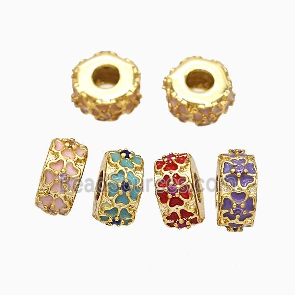 Copper Hexagon Spacer Beads Large Hole Enamel Flower Heishi Gold Plated Mixed