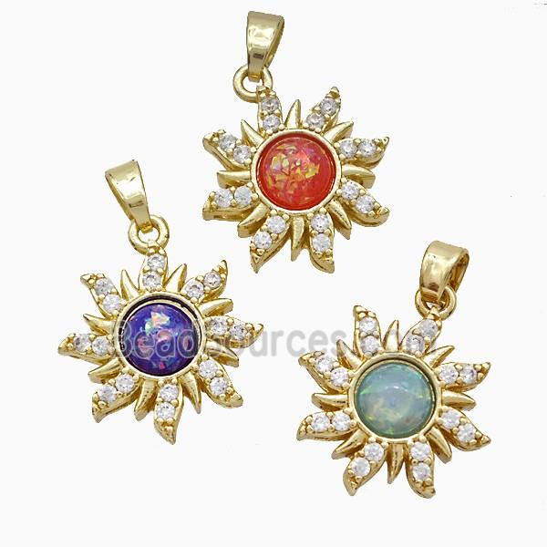 Copper Sun Pendant Pave Zirconia Fire Opal Gold Plated Mixed