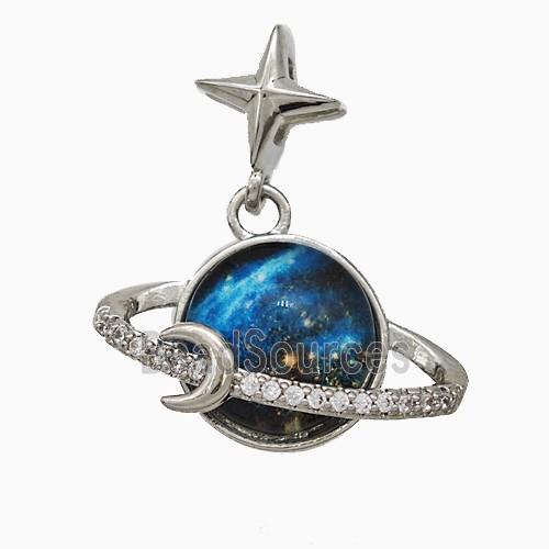 Copper Planet Pendant Pave Zirconia Resin Platinum Plated