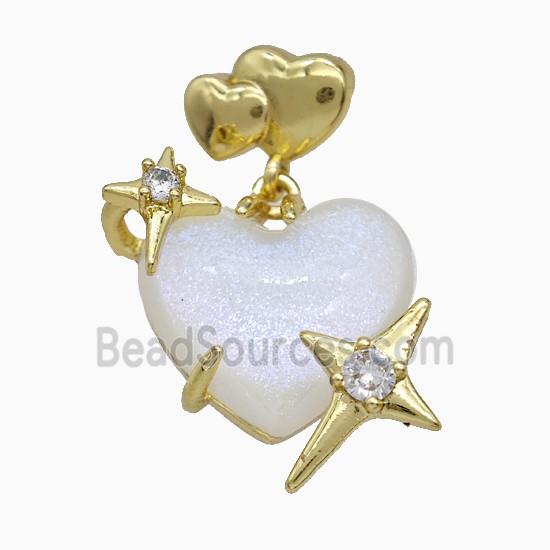 White Resin Heart Pendant Copper Star Pave Zirconia Gold Plated