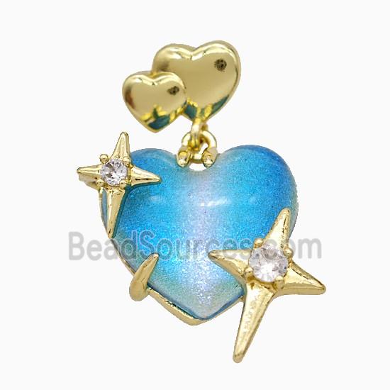 Aqua Resin Heart Pendant Copper Star Pave Zirconia Gold Plated