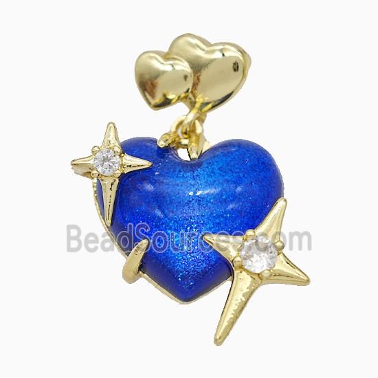 Blue Resin Heart Pendant Copper Star Pave Zirconia Gold Plated