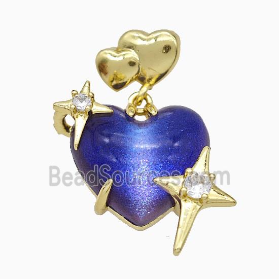 Purple Resin Heart Pendant Copper Star Pave Zirconia Gold Plated