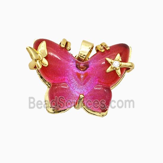 Red Resin Butterfly Pendant Copper Star Pave Zirconia Gold Plated