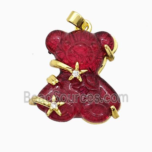 Red Resin Bear Pendant Copper Star Pave Zirconia Gold Plated