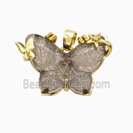 Coffee Resin Butterfly Pendant Copper Star Pave Zirconia Gold Plated