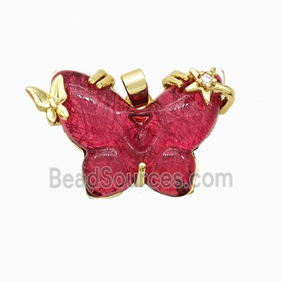 Red Resin Butterfly Pendant Copper Star Pave Zirconia Gold Plated