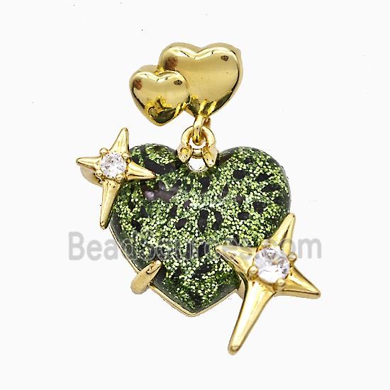Green Resin Heart Pendant Copper Star Pave Zirconia Gold Plated