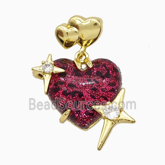 Red Resin Heart Pendant Copper Star Pave Zirconia Gold Plated