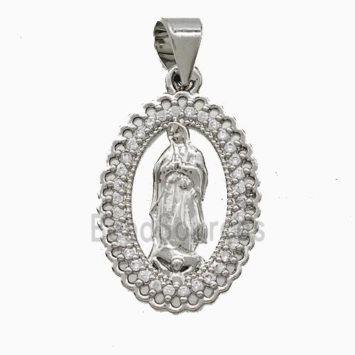 Virgin Mary Charms Copper Pendant Pave Zirconia Platinum Plated