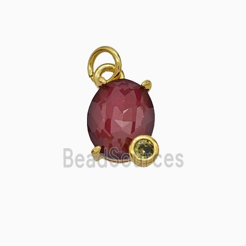 Red Crystal Glass Oval Pendant Copper Gold Plated