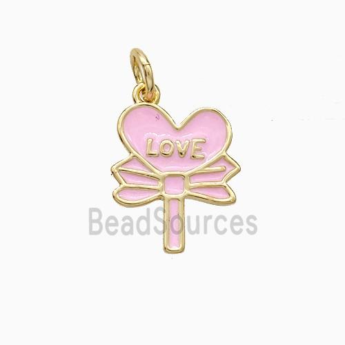 Copper Flower Pendant Love Heart Pink Enamel Gold Plated