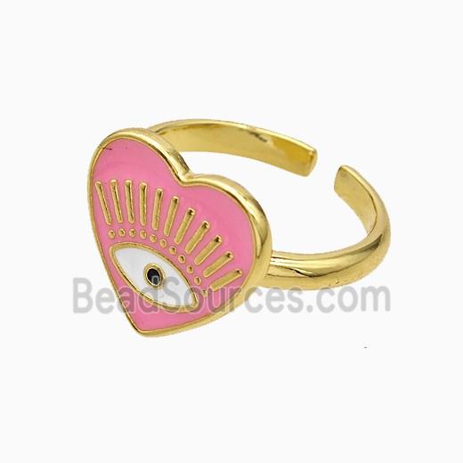Copper Heart Rings Pink Enamel Eye Gold Plated