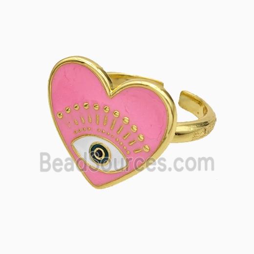 Copper Heart Rings Pink Enamel Eye Gold Plated