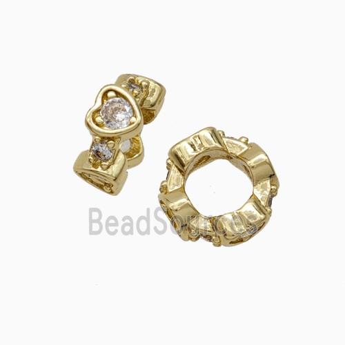 Copper Rondelle Beads Pave Zirconia Large Hole Heart Gold Plated
