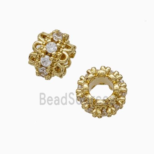 Copper Rondelle Beads Pave Zirconia Large Hole Gold Plated